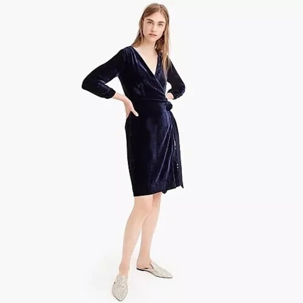 NEW J. Crew Velvet Wrap Dress Long Sleeve Drapy Navy Blue K0145 Size 0 Cocktail - Picture 16 of 16
